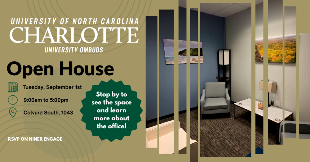 Event flyer: University Ombuds Open House on Tuesday, September 1st. RSVP on Niner Engage at ninerengage.charlotte.edu/event/12516927